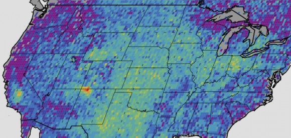 The Four Corners area (red) is the major U.S. hot spot for methane emissions in this map showing how much emissions varied from average background concentrations from 2003-2009 (dark colors are lower than average; lighter colors are higher). Image credit: NASA/JPL-Caltech/University of Michigan