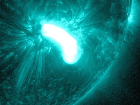 An X-class flare erupted from the sun on Oct. 25, 2014, as seen as a bright flash of light in this image from NASA's SDO. The image shows extreme ultraviolet light in the 131-angstrom wavelength, which highlights the intensely hot material in a flare and which is typically colorized in teal. Image credit: NASA/SDO