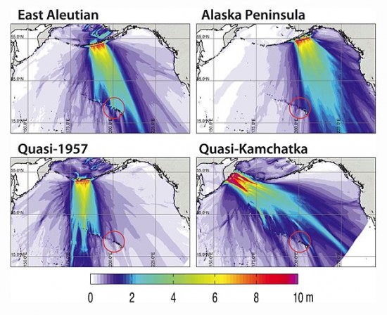 The researchers simulated earthquakes with magnitudes between 9.0 and 9.6 originating at different locations along the Aleutian-Alaska subduction zone, and found that the unique geometry of the eastern Aleutians would direct the largest post-earthquake tsunami energy directly toward the Hawaiian Islands. The red circles are centered on Kaua‘i and encircle the Big Island.  Image via Rhett Butler 