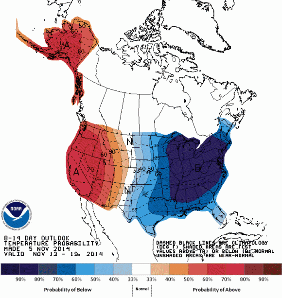 Temperatures will likely be well below average for the central and eastern parts of the United States by next week. Image Credit: Climate Prediction Center