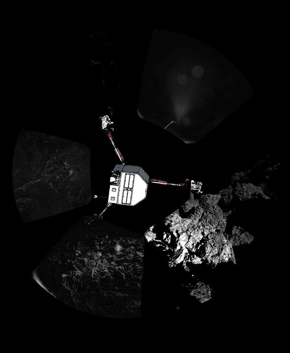 The Philae lander has returned the first panoramic image from the surface of a comet. The view, unprocessed, shows a 360º view around the point of final touchdown. The three feet of Philae’s landing gear can be seen in some of the frames.  Superimposed on top of the image is a sketch of the Philae lander in the configuration the lander team currently believe it is in.   Image via ESA 