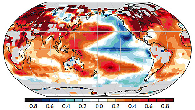 Where it's really cool: The map above was produced by subtracting average November-through-March temperatures for 1976–1998 from the readings for 1998–2012. The most prominent cooling can be found over the northeast Pacific and the eastern equatorial Pacific.  Figure 3(f) from Trenberth et al., Seasonal aspects of the recent pause in surface warming, Nature Climate Change, doi:10.1038/NCLIMATE2341.