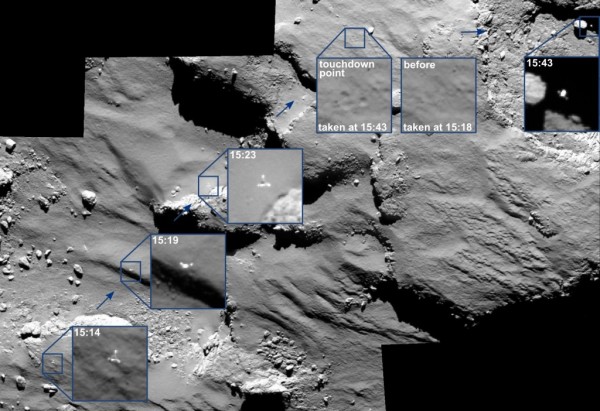 Philae's bounce across the surface of its comet, as captured by the Rosetta mothership.  Image via ESA/Rosetta/MPS for OSIRIS Team MPS/UPD/LAM/IAA/SSO/INTA/UPM/DASP/IDA 