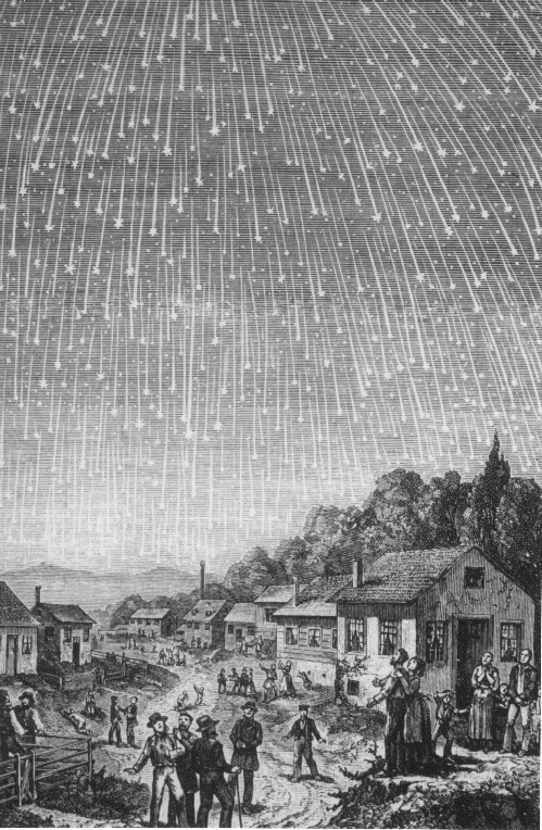 Sky filled with very, very many falling stars; 1830s people out looking up.