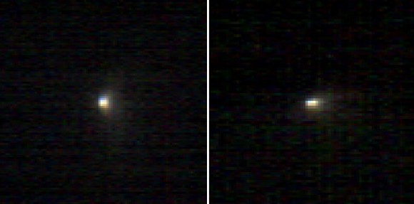 These two infrared images were taken of Comet Siding Spring by NASA's The Compact Reconnaissance Imaging Spectrometer for Mars (CRISM) camera on NASA's Mars Reconnaissance Orbiter captured views of comet C/2013 A1 Siding Spring while that visitor sped past Mars on Sunday 19th October 2014, yielding information about its inner and outer coma. CRISM used all 107 infrared channels to image the comet, in these images three colour channels were used. Image via NASA/JPL-Caltech/JHUAPL/CRISM.