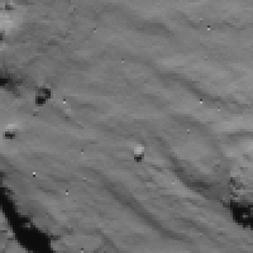 This animated GIF shows the Philae comet lander's first touchdown point, as seen by the Rosetta mothership's NavCam.  After touching down the first time, the lander bounced nearly a kilometer back to space, before touching down again two more times on its comet.  Image via ESA