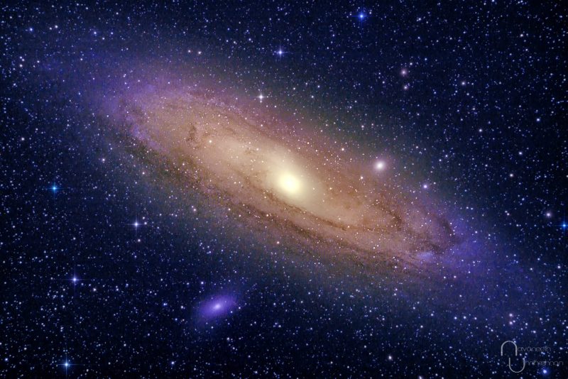 The Andromeda galaxy and 2 satellite galaxies.