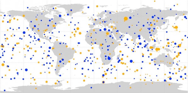  View larger | Sizes of red dots (daytime impacts) and blue dots (nighttime impacts) are proportional to the optical radiated energy of impacts measured in billions of Joules (GJ) of energy, and show the location of impacts from objects about 1 meter (3 feet) to almost 20 meters (60 feet) in size. Image credit: Planetary Science