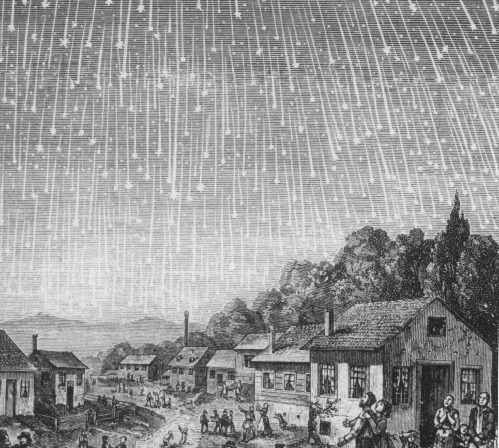 Sky filled with very, very many stars with long streaks for each; 1830s people out looking up.