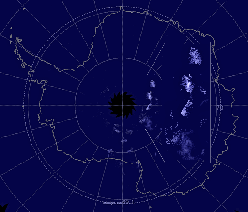 Noctilucent clouds over Antarctica as seen by NASA's AIM spacecraft.  Image via Spaceweather.com