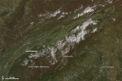 Early snow on the Great Smokies via NASA Earth Observatory.  Read more about this image.