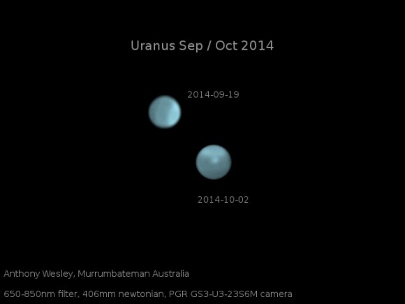 Optical images of Uranus on Sept. 19 and Oct. 2, showing the dramatic appearance of a bright storm on a planet that normally displays only a diffuse bright polar region. Image courtesy of amateur astronomer Anthony Wesley, Murrumbateman, Australia.