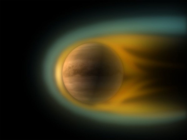 Venus because it is so close to the Sun at 0.7 AU. At that distance, the solar storms are so strong that it may not matter if there's not planetary magnetic field, the charged particles would be deposited all over the planet, producing auroras at every latitude. Illustration by C. Carreau/ESA