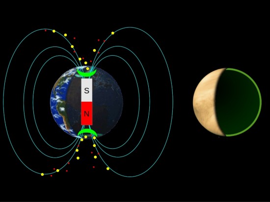 In the presence of a magnetic field, Earth's auroras (shown in green) are primarily seen over the poles.  On Venus, which lacks a magnetic field, auroras might occur at all latitudes.  Image courtesy Candace