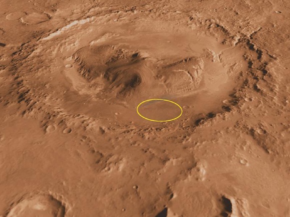 Curiosity's approximate landing site within Gale Crater.  Mount Sharp is the central peak.  Image via NASA/JPL