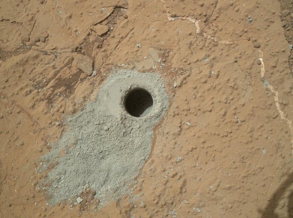 The first definitive detection of Martian organic chemicals in material on the surface of Mars came from analysis by NASA's Curiosity Mars rover of sample powder from this mudstone target, 