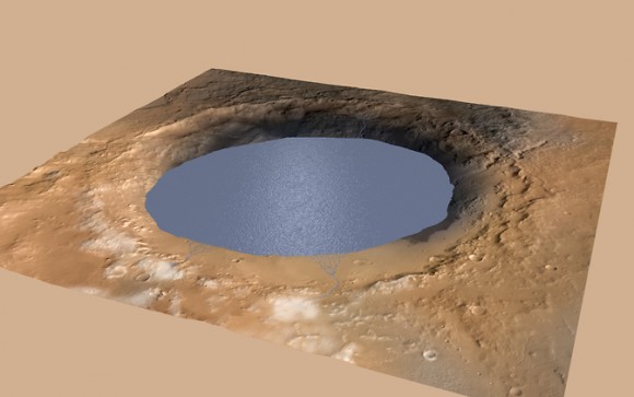This illustration depicts a lake of water partially filling Mars' Gale Crater, receiving runoff from snow melting on the crater's northern rim. Image Credit: NASA/JPL-Caltech/ESA/DLR/FU Berlin/MSSS 