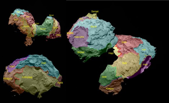 The 19 regions identified on Comet 67P/Churyumov–Gerasimenko are separated by distinct geomorphological boundaries. Following the ancient Egyptian theme of the Rosetta mission, they are named for Egyptian deities. They are grouped according to the type of terrain dominant within each region. Five basic categories of terrain type have been determined: dust-covered (Ma’at, Ash and Babi); brittle materials with pits and circular structures (Seth); large-scale depressions (Hatmehit, Nut and Aten); smooth terrains (Hapi, Imhotep and Anubis), and exposed, more consolidated (‘rock-like’) surfaces (Maftet, Bastet, Serqet, Hathor, Anuket, Khepry, Aker, Atum and Apis). Image credit: ESA/Rosetta/MPS for OSIRIS Team MPS/UPD/LAM/IAA/SSO/INTA/UPM/DASP/IDA