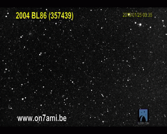 Cool!  The passage of asteroid 2004 BL86 - passing closer today than any large asteroid of its size until 2027.  Jean Paul Mertens just sent it and said it was seen through the telescope of Slooh.com in Chile.