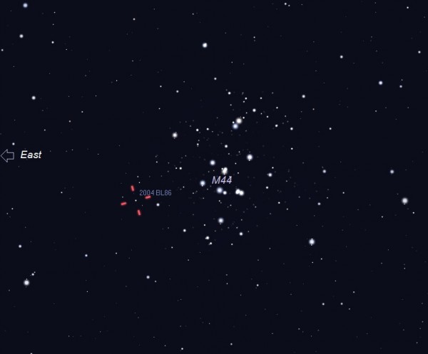 This illustration depicts asteroid 2004 BL86 at 12:22 a.m. EST (05:22 UTC) on the morning of January 27.  As that time, it will be passing near the famous star cluster M44, also known as the Beehive, in the constellation Cancer.  Graphic and caption via Stellarium via Eddie Irizarry / Astronomical Society of the Caribbean.