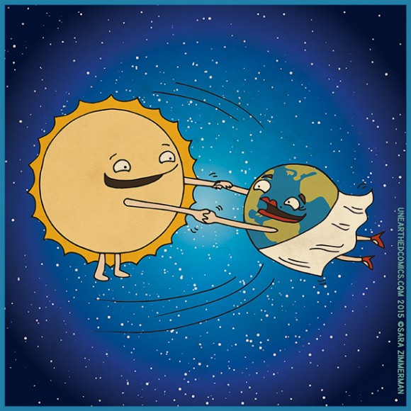 Cartoon of Earth and sun holding hands, sun swinging Earth in a circle.