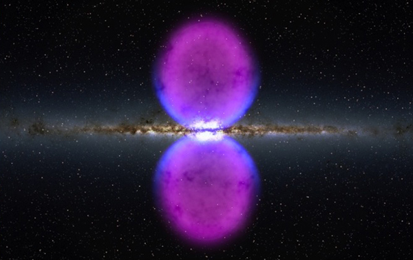 Edge-on view of galaxy with 2 large round purple blobs with blue bases, above and below the galaxy.