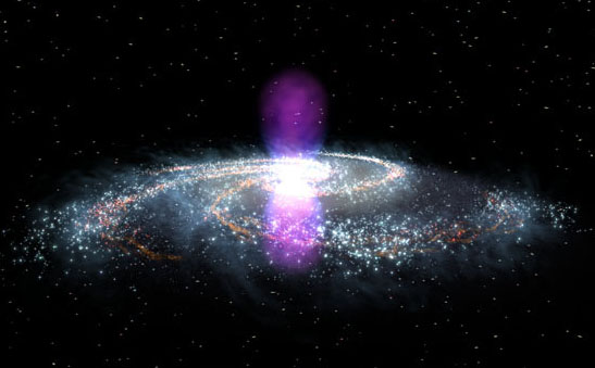 From end to end, the newly discovered gamma-ray bubbles (magenta) extend 50,000 light-years, or roughly half of the Milky Way's diameter. (Credit: NASA's Goddard Space Flight Center) 