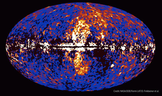Data from the Fermi Telescope shows the bubbles (in red and yellow) against other sources of gamma rays. The plane of the galaxy (mostly black and white) stretches horizontally across the middle of the image, and the bubbles extend up and down from the center. Image via NASA's Goddard Space Flight Center