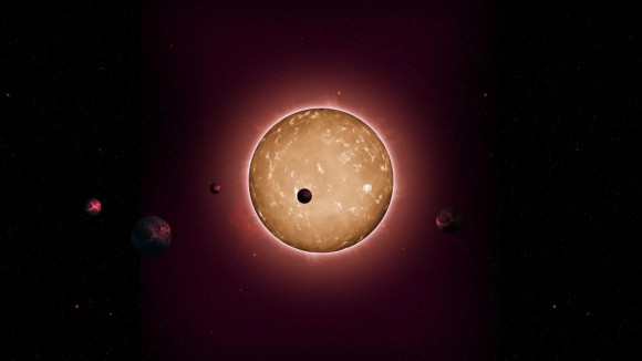 Kepler-444 hosts five Earth-sized planets in very compact orbits. The planets were detected from the dimming that occurs when they transit the disc of their parent star, as shown in this artist's conception. Image credit: Tiago Campante/Peter Devine 