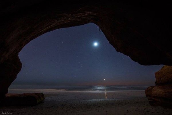 View larger. | The moon, Mars and Venus from a sea cave by Jack Fusco.  Visit Jack Fusco on Facebook