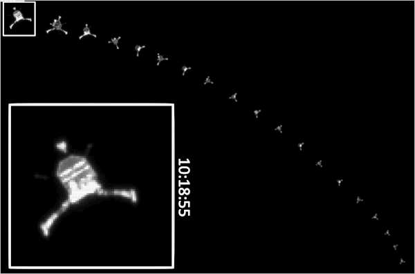 View larger. | Series of 19 images captured by Rosetta’s OSIRIS camera as the Philae lander descended to the surface of Comet 67P/Churyumov–Gerasimenko on 12 November 2014. The timestamp marked on the images are in GMT (onboard spacecraft time).  Image via ESA/Rosetta/MPS for OSIRIS Team MPS/UPD/LAM/IAA/SSO/INTA/UPM/DASP/IDA