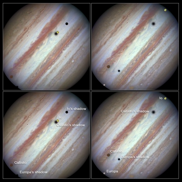The images on the left shows the Hubble observation at the beginning of the event. On the left is the moon Callisto and on the right, Io. The shadows from Europa, which cannot be seen in the image, Callisto, and Io are strung out from left to right. The images on the right shows the end of the event, approximately 42 minutes later. Europa has entered the frame at lower left with slower moving Callisto above and to the right of it. Meanwhile Io — which orbits significantly closer to Jupiter and so appears to move much more quickly — is approaching the eastern limb of the planet. Whilst Callisto’s shadow seems hardly to have moved Io’s has set over the planet’s eastern edge and Europa’s has risen further in the west. Image credit: NASA/ESA
