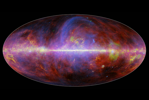 This map, captured by ESA's Planck space telescope, reveals the Milky Way galaxy. Gas appears in yellow, radiation in blue and green, and several types of dust are shown in red.   Image via ESA/NASA/JPL-Caltech