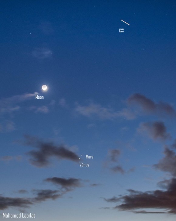 Mohamed Laaifat Photographies in Normandy, France also posted at Earthsky Facebook last night.  He caught the planets and moon in the same frame with the International Space Station!  Thank you, Mohamed.