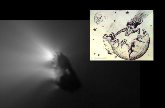 Irregular glowing patch with inset cartoon of human-shaped comet tearing Earth apart.