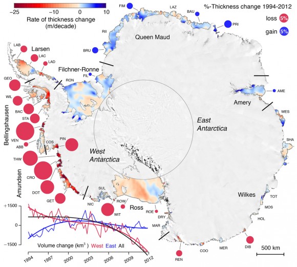 This map shows eighteen years of change in thickness and volume of Antarctic ice shelves. Rates of thickness change (meters/decade) are color-coded from -25 (thinning) to +10 (thickening). Circles represent percentage of thickness lost (red) or gained (blue) in 18 years. The central circle demarcates the area not surveyed by the satellites (south of 81.5ºS). Original data were interpolated for mapping purposes. Image credit:  Scripps Institution of Oceanography, UC San Diego