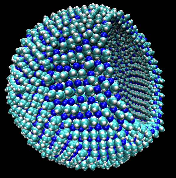 A representation of a 9-nanometer azotosome, about the size of a virus, with a piece of the membrane cut away to show the hollow interior. Image credit: James Stevenson