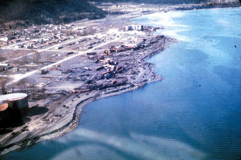 Aerial view of shoreline with miles of flattened structures.