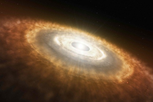 Artist's illustration of a protoplanetary disk - a disk of dust and gas - from which stars like our sun (and solar systems like that in which Earth resides) form.  Illustration via NASA/JPL-Caltech.