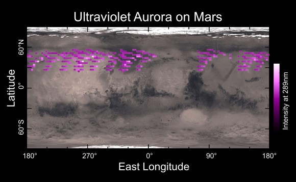 A map of IUVS’s auroral detections in December 2014 overlaid on Mars’ surface. The map shows that the aurora was widespread in the northern hemisphere, not tied to any geographic location. The aurora was detected in all observations during a 5-day period. Image credit: University of Colorado