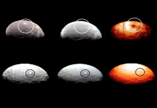 View larger. | These images, from Dawn's visible and infrared mapping spectrometer (VIR), highlight two regions on Ceres containing bright spots.   Read more about this image.