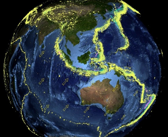 Belts of earthquakes (yellow) surround the Indo-Australian plate. Image credit: Mike Sandiford