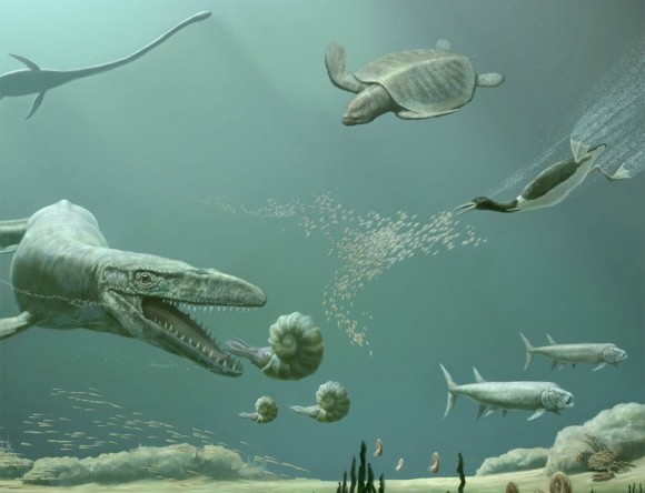 This marine scene shows an assortment of marine tetrapods that lived in Cretaceous oceans near the end of the 