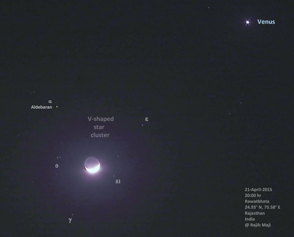 As seen from India on April 21, the moon was below the star Aldebaran. Rajib Maji in Rawatbhata, Rajasthan, India also caught the V-shaped cluster - called the Hyades - of which Aldebaran is a part.