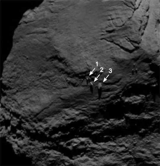 Rosetta's OSIRIS camera captured this image of the boulders on Comet 67P/C-G on August 16, 2014 from a distance of 65 miles (105 km).  Image via ESA/Rosetta/MPS for OSIRIS Team MPS/UPD/LAM/IAA/SSO/INTA/UPM/DASP/IDA.