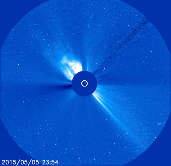The May 5 X2 flare released a coronal mass ejection - CME - a cloud of charged particles traveling faster than 1100 km/s (2.5 million mph).  CMEs like this one can affect satellites in orbit, and earthly communications, but this one does not appear to be heading in Earth's direction.   Image via Spaceweather.com