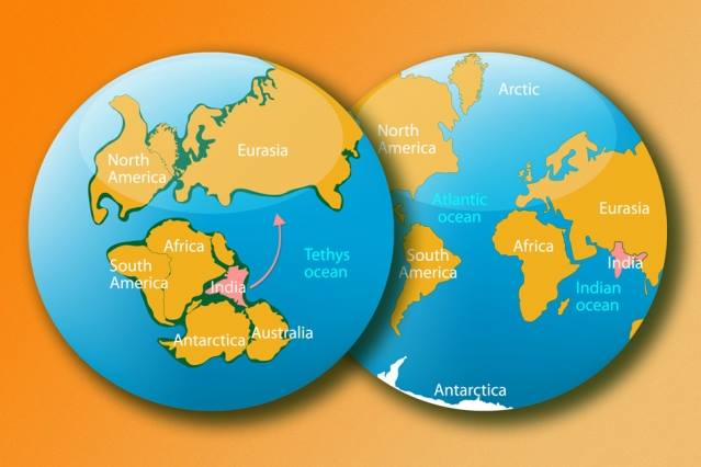 In this artist's rendering, the left image shows what Earth looked like more than 140 million years ago, when India was part of an immense supercontinent called Gondwana. The right image shows Earth today. Image credit: iStock (edited by MIT News)