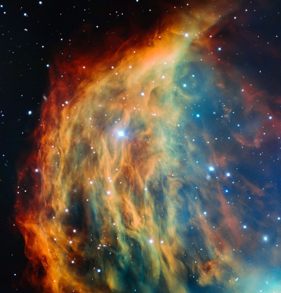 View larger | ESO’s Very Large Telescope in Chile has captured the most detailed image ever taken of the Medusa Nebula (also known Abell 21 and Sharpless 2-274). As the star at the heart of this nebula made its final transition into retirement, it shed its outer layers into space, forming this colourful cloud. The image foreshadows the final fate of the sun, which will eventually also become an object of this kind.