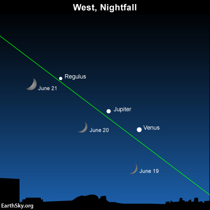 Watch for the moon to move up past the bright planets Venus and Jupiter - and the star Regulus in the constellation Leo the Lion - from about June 19-21.