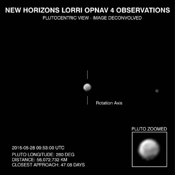 These images are displayed at four times the native LORRI image size, and have been processed using a method called deconvolution, which sharpens the original images to enhance features on Pluto. Deconvolution can occasionally introduce 